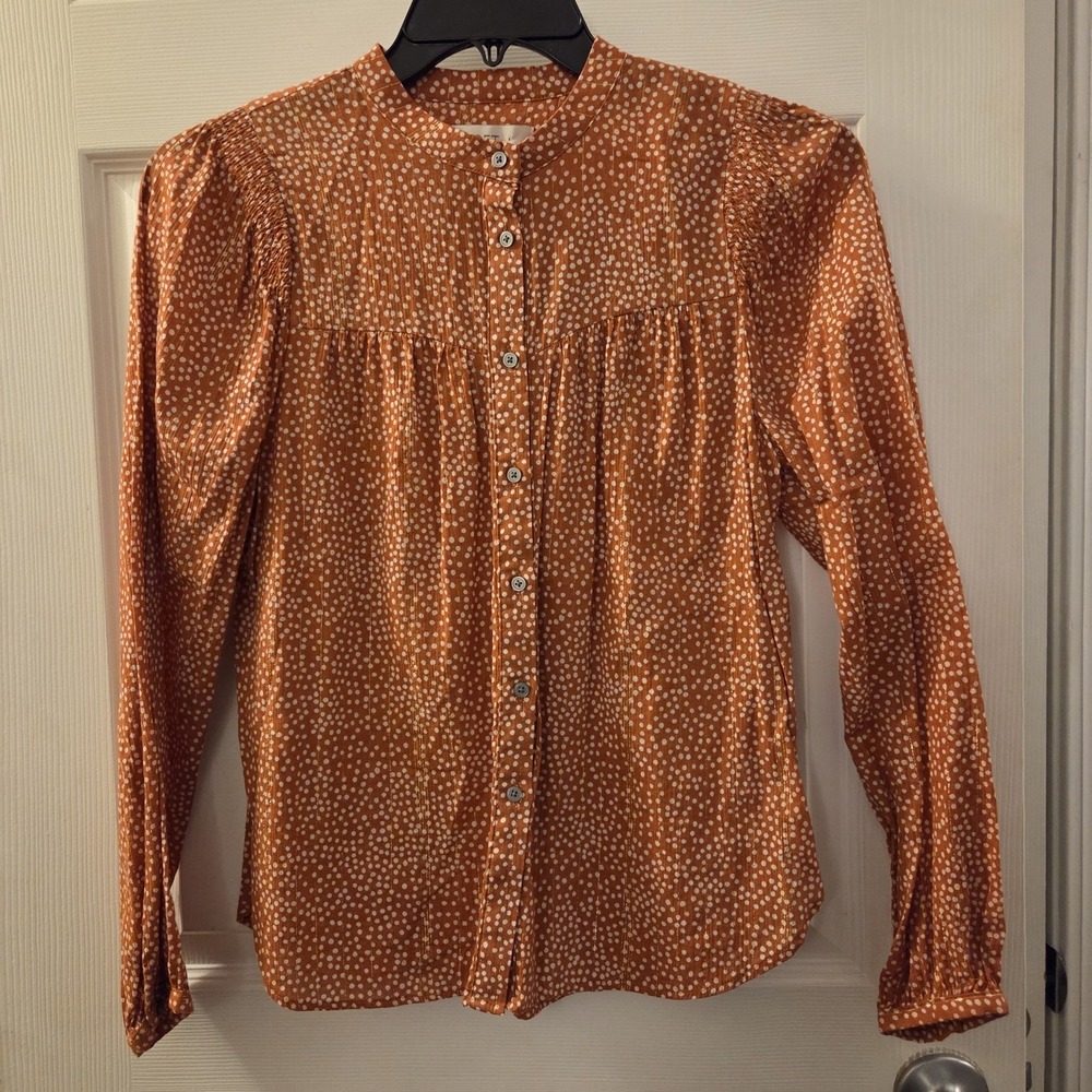 Loft sz S rust brown/wht‎ dot print button up blouse long slv lightweight casual